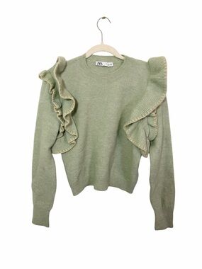 Zara Knit Ruffle Shoulder Sweater Womens S Sage Green Cottagecore Romantic